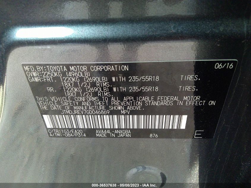 2016 TOYOTA RAV4 HYBRID LIMITED JTMDJREV7GD046869