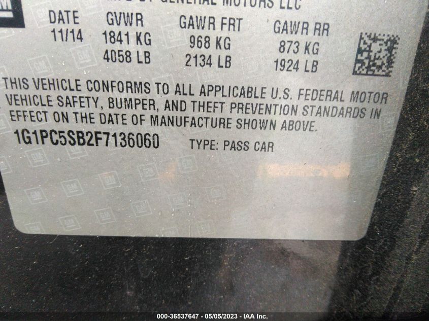 2015 CHEVROLET CRUZE LT - 1G1PC5SB2F7136060