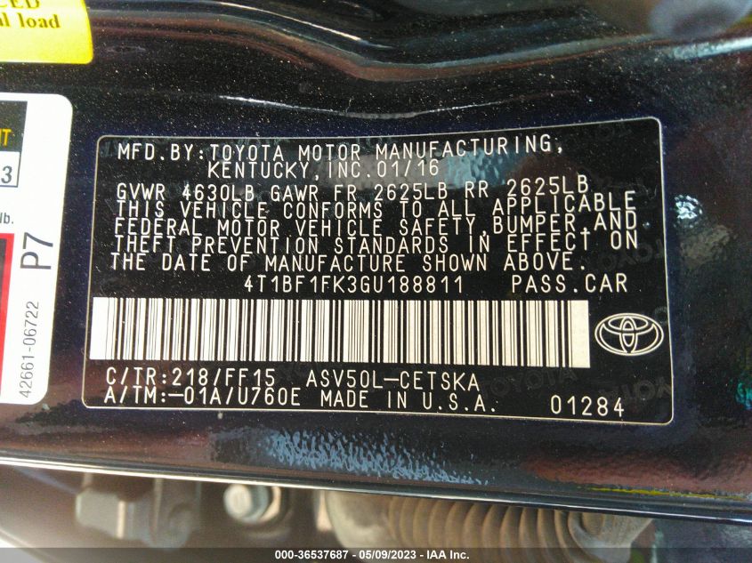 2016 TOYOTA CAMRY XLE/SE/LE/XSE - 4T1BF1FK3GU188811