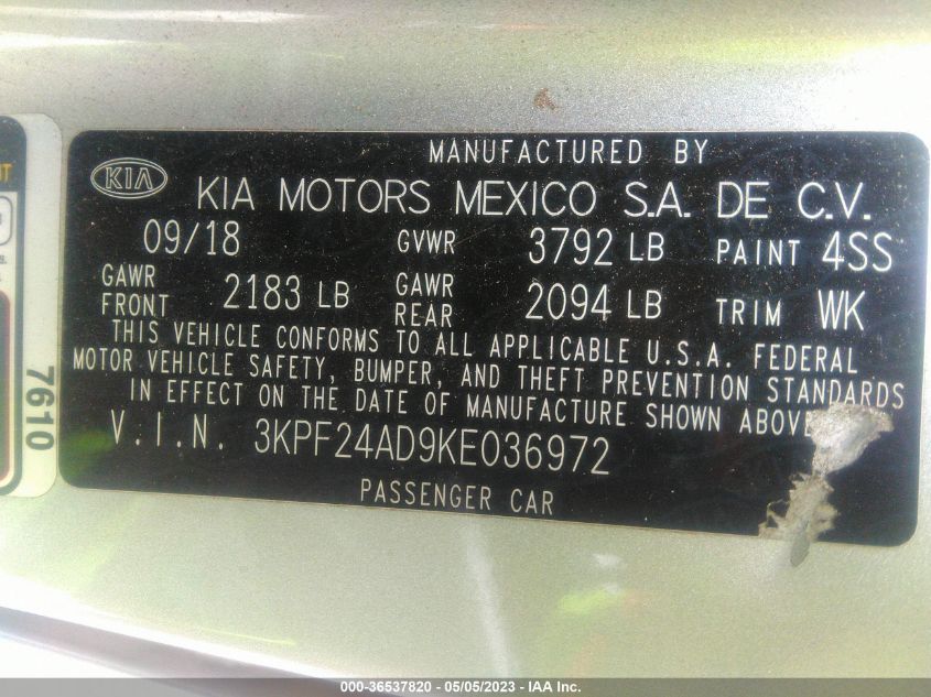 2019 KIA FORTE LXS - 3KPF24AD9KE036972