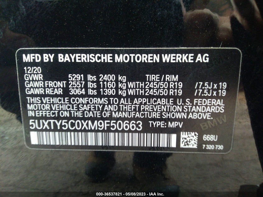 VIN 5UXTY5C0XM9F50663 2021 BMW X3 XDRIVE30I