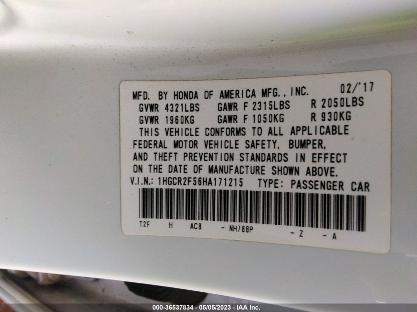 2017 HONDA ACCORD SEDAN SPORT - 1HGCR2F56HA171215