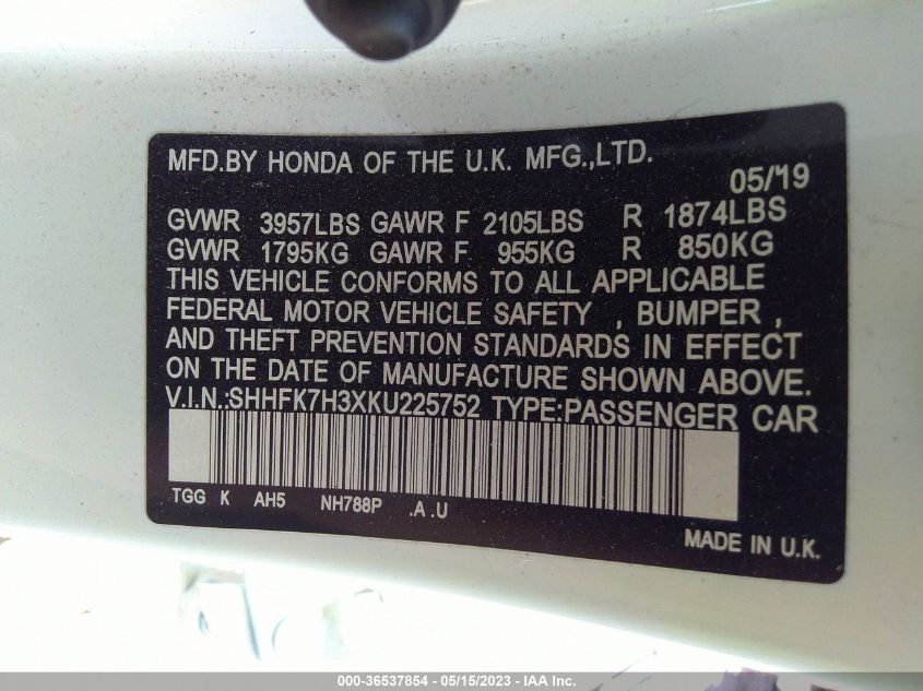 2019 HONDA CIVIC HATCHBACK LX - SHHFK7H3XKU225752