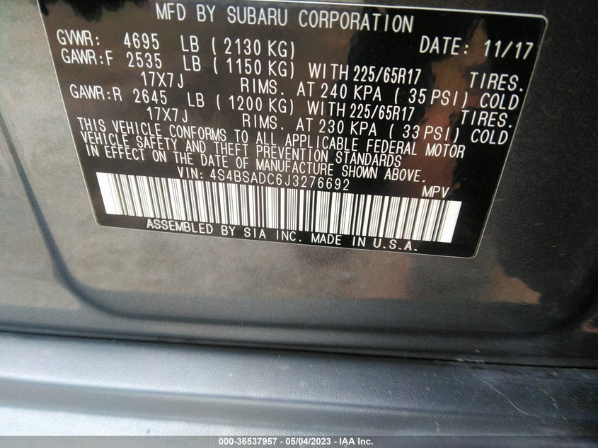 VIN 4S4BSADC6J3276692 2018 SUBARU OUTBACK PREMIUM