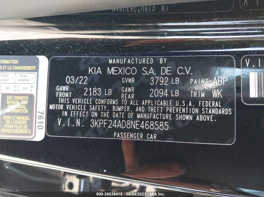 2022 KIA FORTE LXS - 3KPF24AD8NE468585