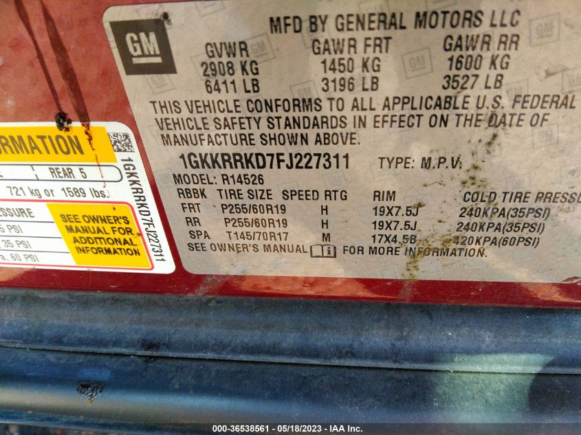 2015 GMC ACADIA SLT - 1GKKRRKD7FJ227311