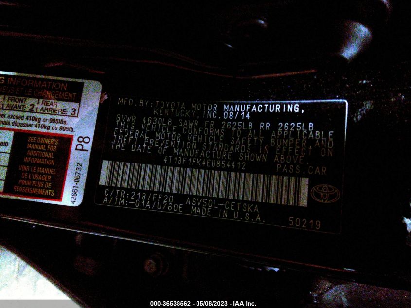 2014 TOYOTA CAMRY L/LE/XLE/SE/SE SPORT - 4T1BF1FK4EU854412