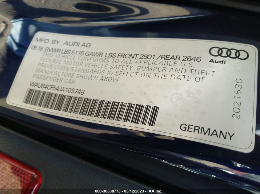 2018 AUDI S5 SPORTBACK PREMIUM PLUS - WAUB4CF54JA109748