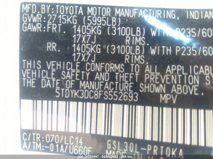 2015 TOYOTA SIENNA XLE/XLE AAS/LTD - 5TDYK3DC8FS552693