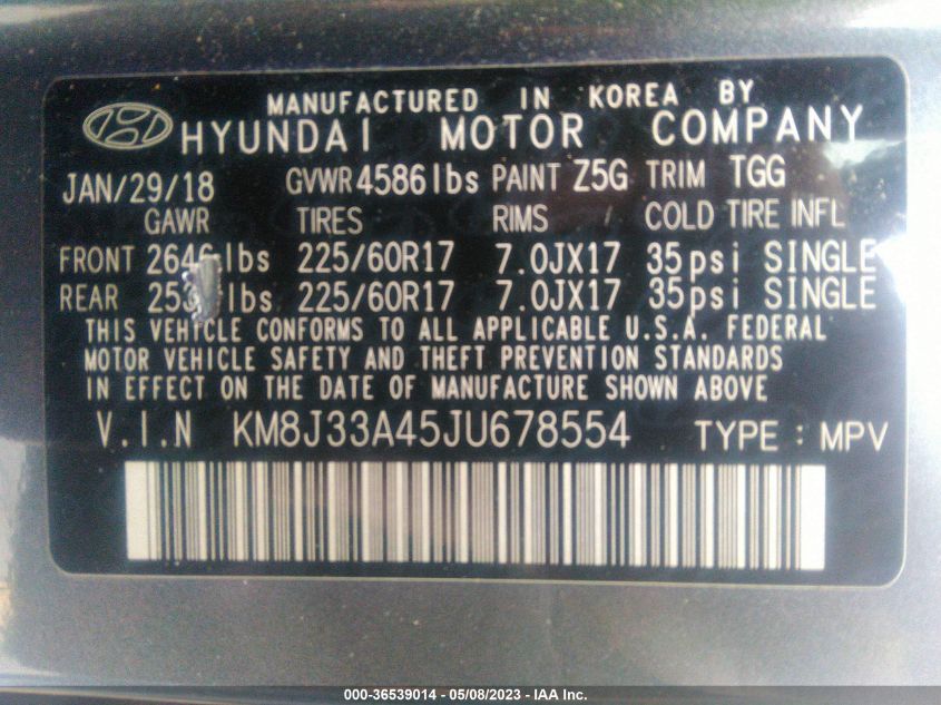 2018 HYUNDAI TUCSON SEL - KM8J33A45JU678554