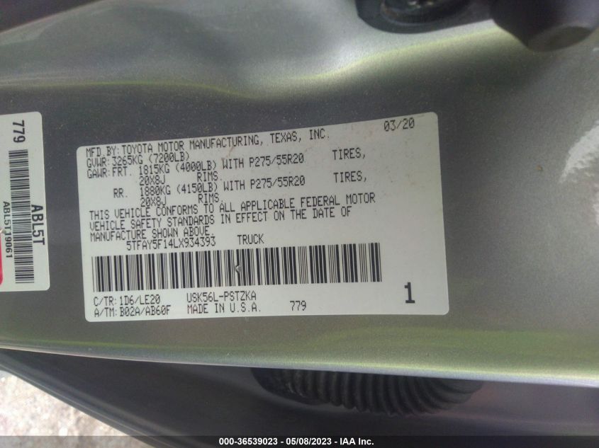 2020 TOYOTA TUNDRA 4WD PLATINUM/1794 EDITION - 5TFAY5F14LX934393