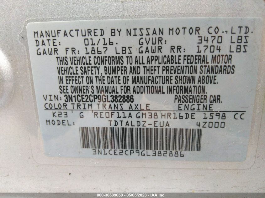 2016 NISSAN VERSA NOTE S/S PLUS/SV/SR/SL - 3N1CE2CP9GL382886
