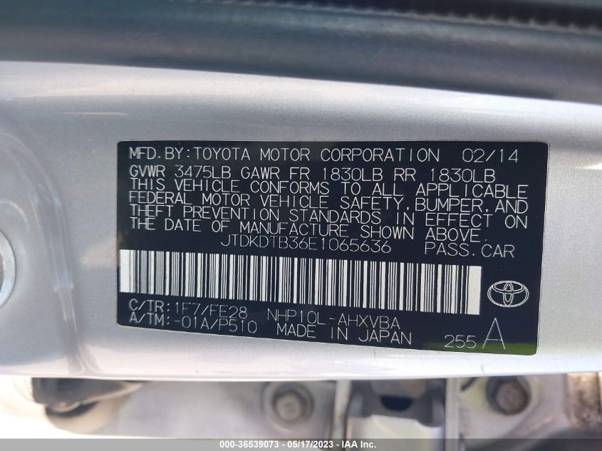 2014 TOYOTA PRIUS C ONE/THREE/TWO/FOUR - JTDKDTB36E1065636