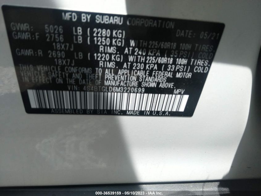 2021 SUBARU OUTBACK ONYX EDITION XT - 4S4BTGLD6M3220699