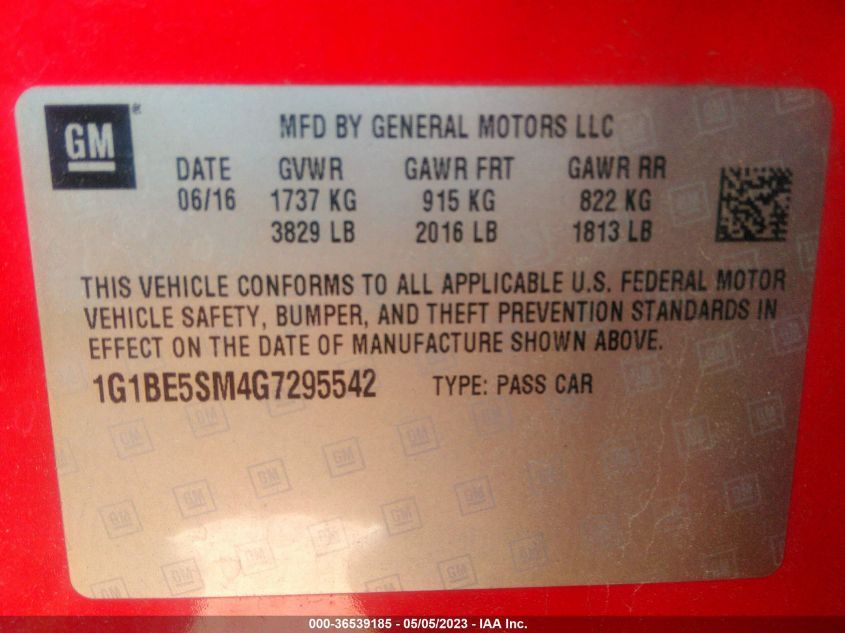 2016 CHEVROLET CRUZE LT - 1G1BE5SM4G7295542