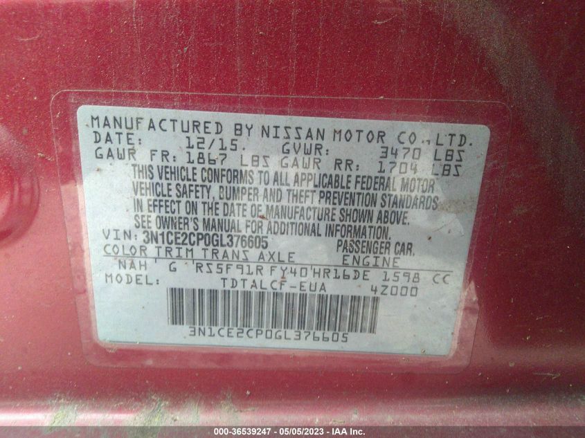 2016 NISSAN VERSA NOTE S - 3N1CE2CP0GL376605