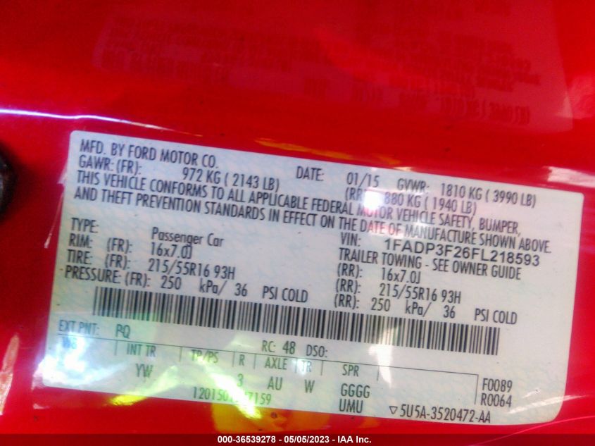 2015 FORD FOCUS SE - 1FADP3F26FL218593