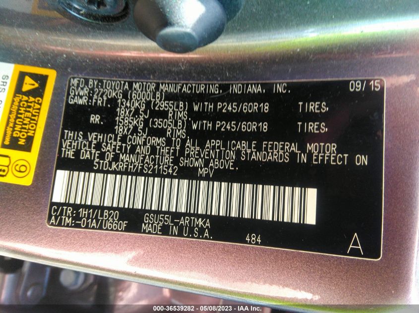 2015 TOYOTA HIGHLANDER XLE - 5TDJKRFH7FS211542