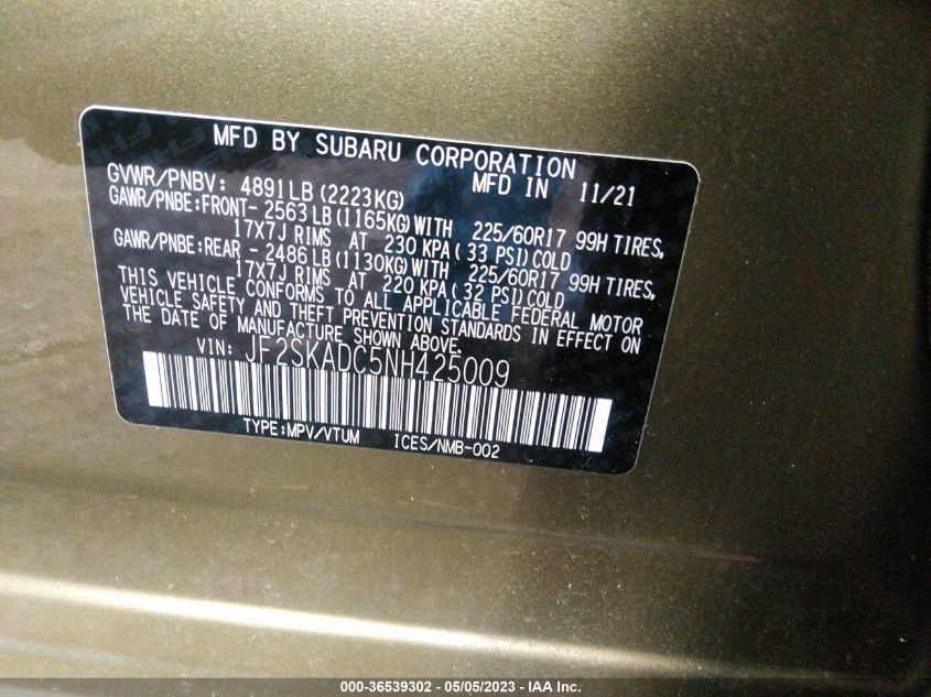 2022 SUBARU FORESTER PREMIUM - JF2SKADC5NH425009