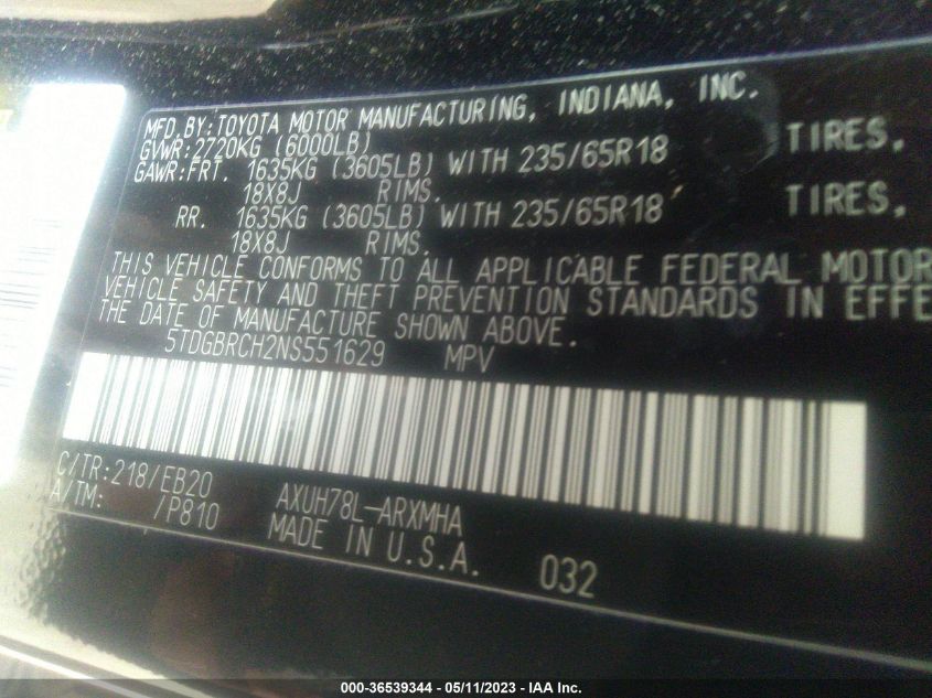 2022 TOYOTA HIGHLANDER HYBRID - 5TDGBRCH2NS551629