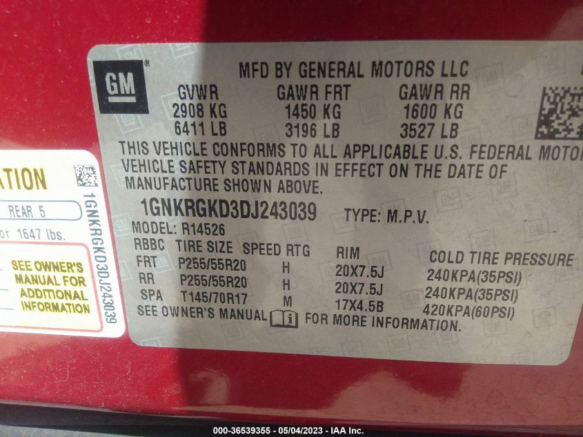 2013 CHEVROLET TRAVERSE LT - 1GNKRGKD3DJ243039