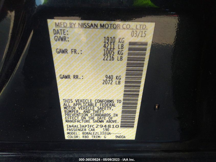 2015 NISSAN ALTIMA 2.5 - 1N4AL3AP3FC294810