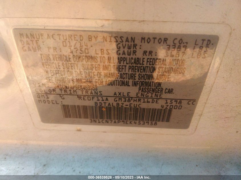 2014 NISSAN VERSA S/S PLUS/SV/SL - 3N1CN7AP9EK453958
