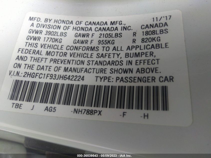2018 HONDA CIVIC SEDAN TOURING - 2HGFC1F93JH642224
