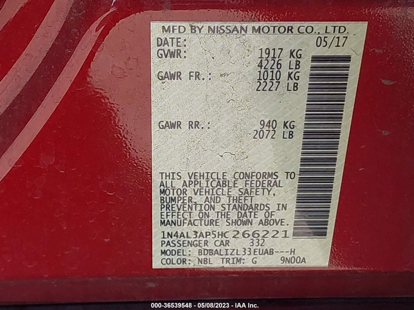 VIN 1N4AL3AP5HC266221 2017 NISSAN ALTIMA 2.5 SV