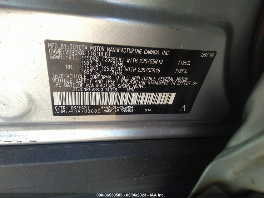VIN 2T3C1RFV3KC014038 2019 TOYOTA RAV4 XLE PREMIUM