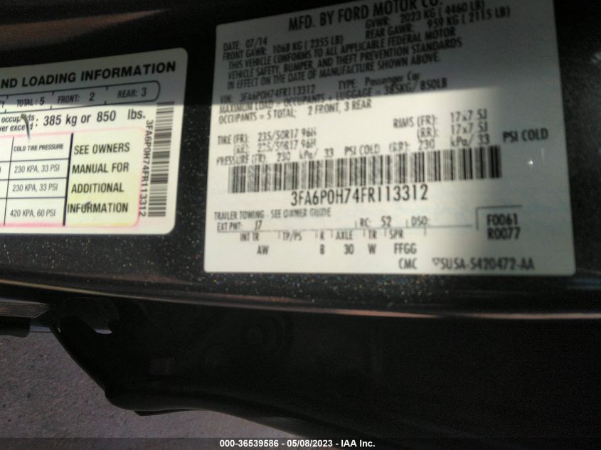 2015 FORD FUSION SE - 3FA6P0H74FR113312