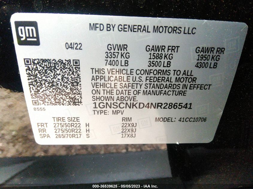 2022 CHEVROLET TAHOE LT - 1GNSCNKD4NR286541