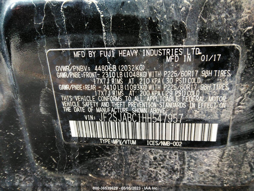 VIN JF2SJABC1HH547957 2017 SUBARU FORESTER