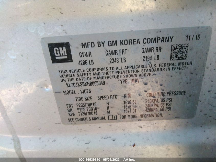 2017 CHEVROLET TRAX LS - KL7CJKSBXHB065049