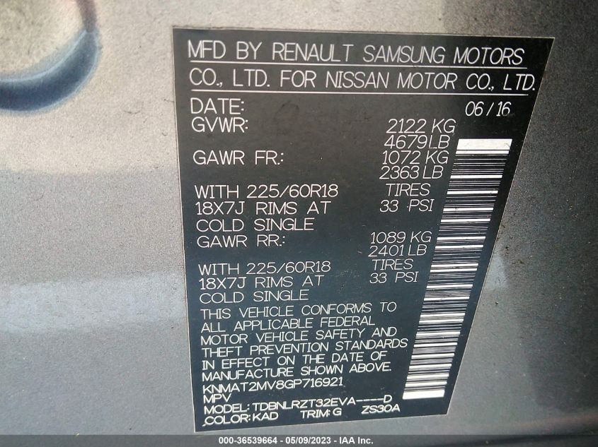 2016 NISSAN ROGUE SL - KNMAT2MV8GP716921