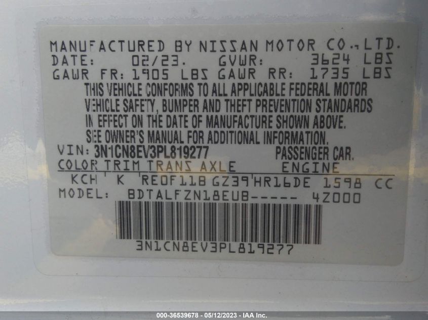 2023 NISSAN VERSA SV - 3N1CN8EV3PL819277