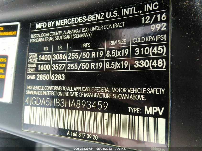 2017 MERCEDES-BENZ GLE GLE 350 - 4JGDA5HB3HA893459