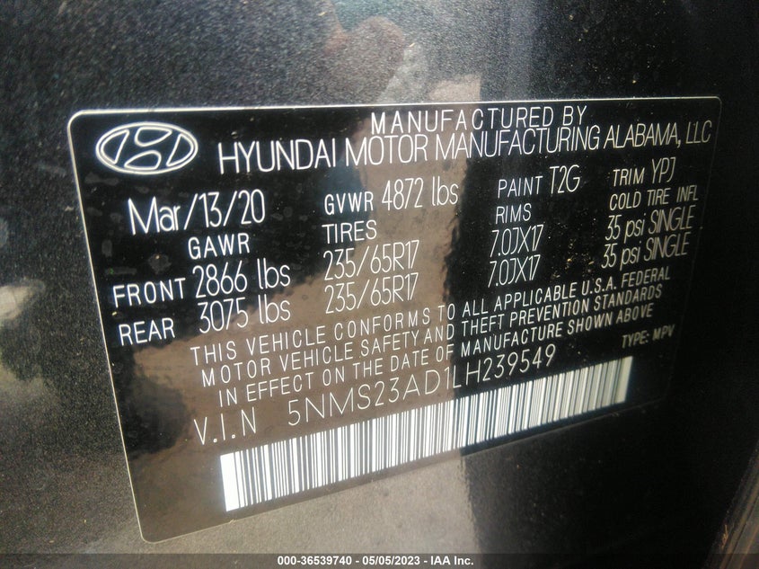 VIN 5NMS23AD1LH239549 2020 HYUNDAI SANTA FE SE