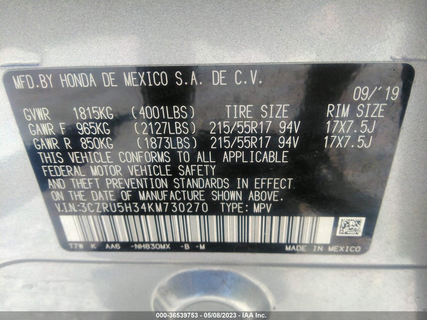 VIN 3CZRU5H34KM730270 2019 HONDA HR-V LX