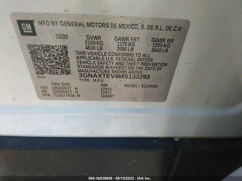 VIN 3GNAXTEV8MS133293 2021 CHEVROLET EQUINOX LT