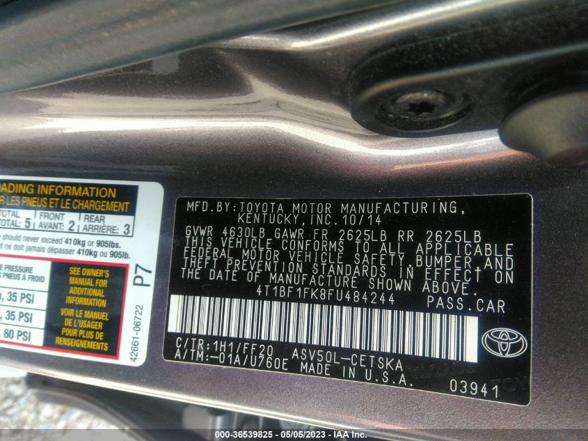 2015 TOYOTA CAMRY XLE/SE/LE/XSE - 4T1BF1FK8FU484244