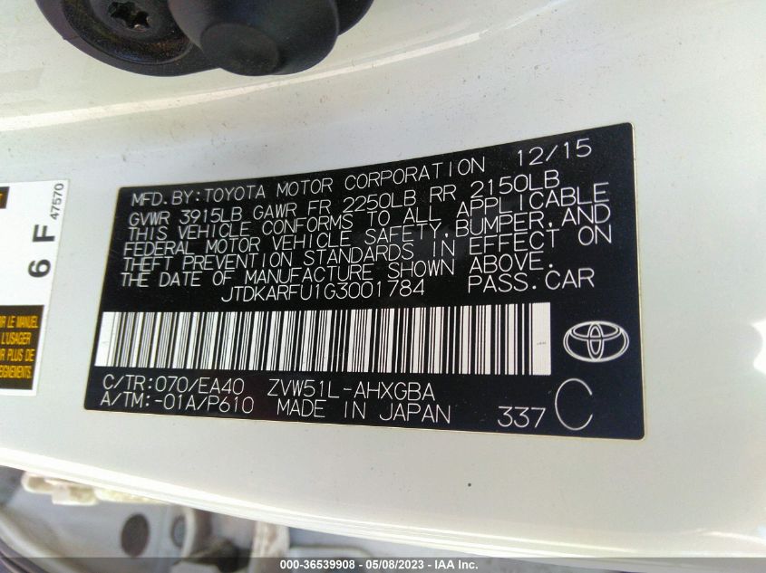 2016 TOYOTA PRIUS FOUR - JTDKARFU1G3001784