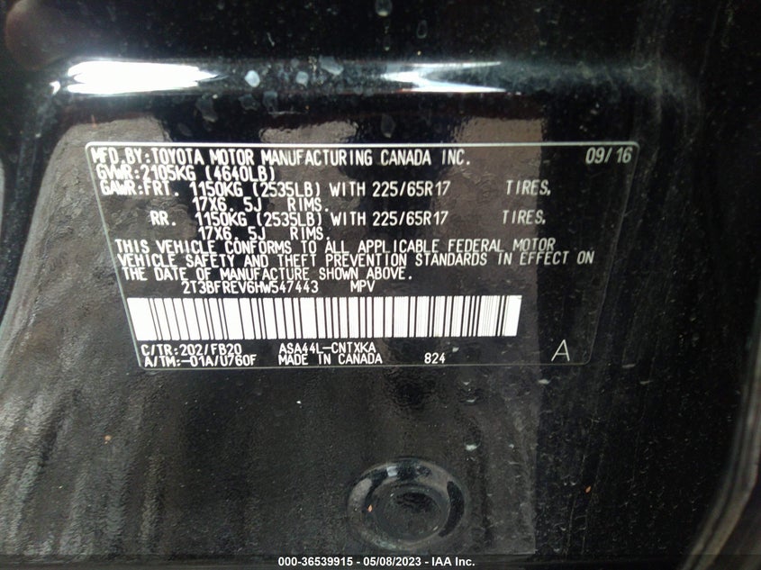 VIN 2T3BFREV6HW547443 2017 TOYOTA RAV4 LE