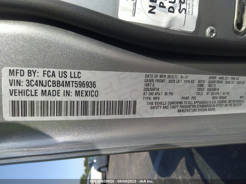 VIN 3C4NJCBB4MT596936 2021 JEEP COMPASS ALTITUDE
