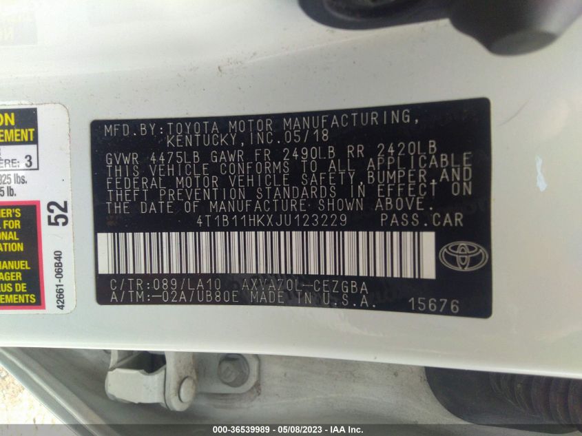 2018 TOYOTA CAMRY LE/SE/XLE/L - 4T1B11HKXJU123229