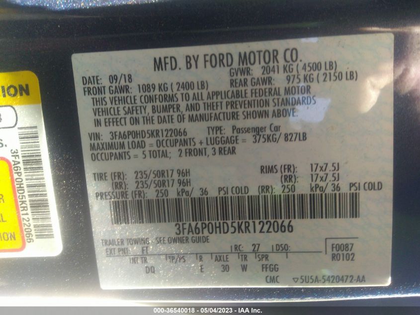 2019 FORD FUSION SE - 3FA6P0HD5KR122066