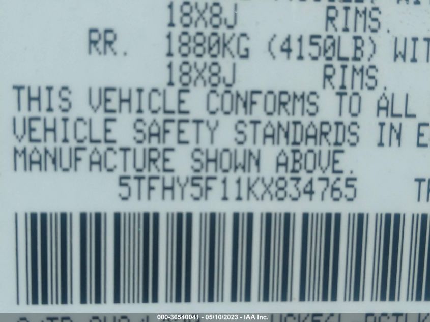 2019 TOYOTA TUNDRA 4WD SR5/LIMITED/PLATINUM - 5TFHY5F11KX834765