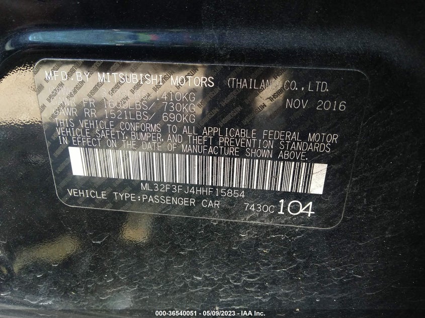 VIN ML32F3FJ4HHF15854 2017 MITSUBISHI MIRAGE G4 ES