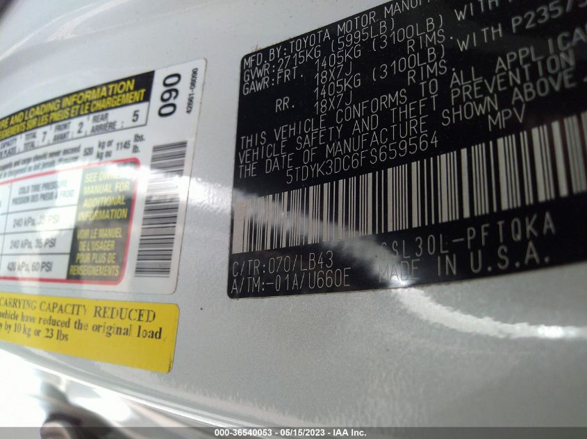 2015 TOYOTA SIENNA XLE/XLE AAS/LTD - 5TDYK3DC6FS659564