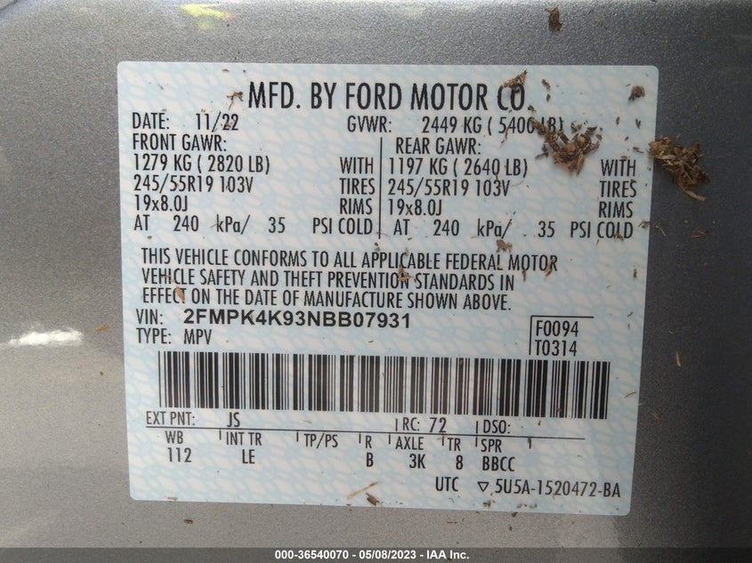 VIN 2FMPK4K93NBB07931 2022 FORD EDGE TITANIUM